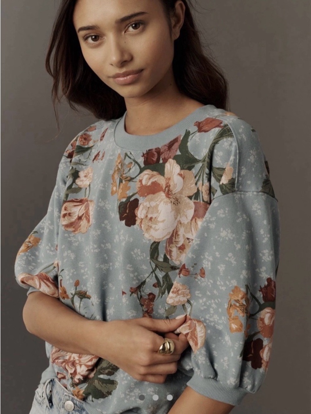 NWT ANTHROPOLOGIE Pilcro The Niki Bubble Sweatshirt Blue Floral Pattern SZ XS